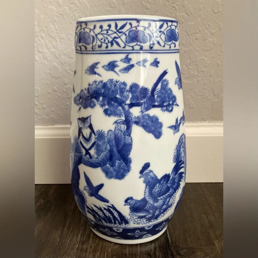 Formalities by Baum Bros Blue White Chinese Vase with Birds Trees Roosters Owl